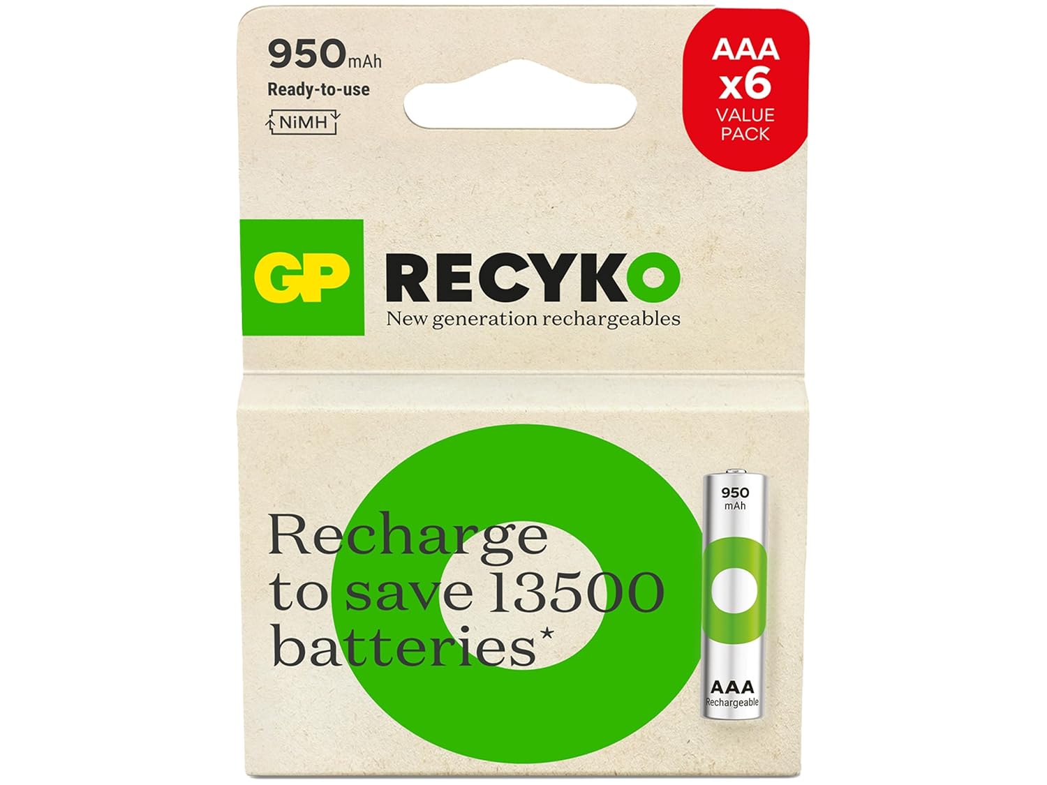 GP Batteries ReCyko 950mAh AAA İnce Kalem Ni-Mh Şarjlı Pil, 1.2 Volt, 6'Lı Kart