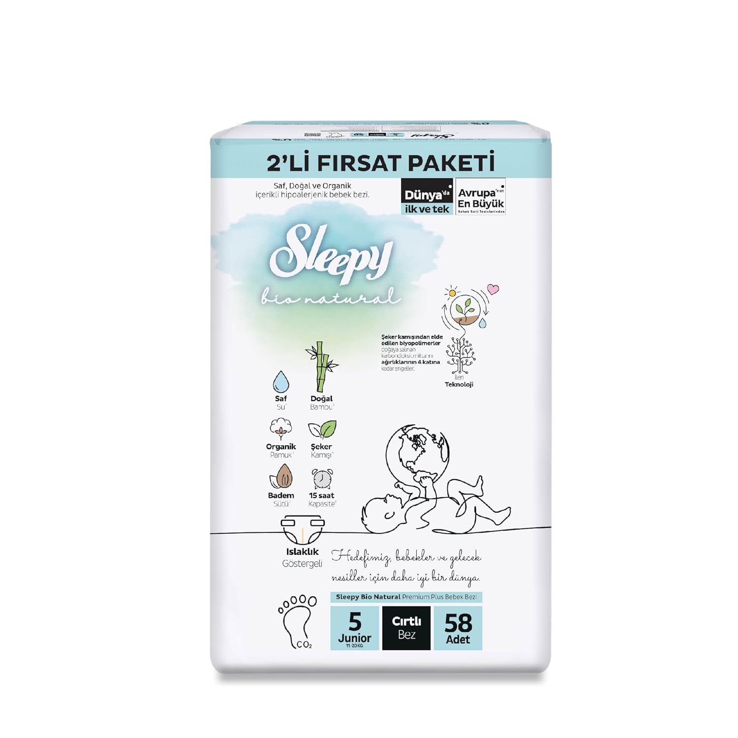 Sleepy Bio Natural 2'li Fırsat Paketi Bebek Bezi 5 Numara Junior 58 Adet Cırtlı Bez