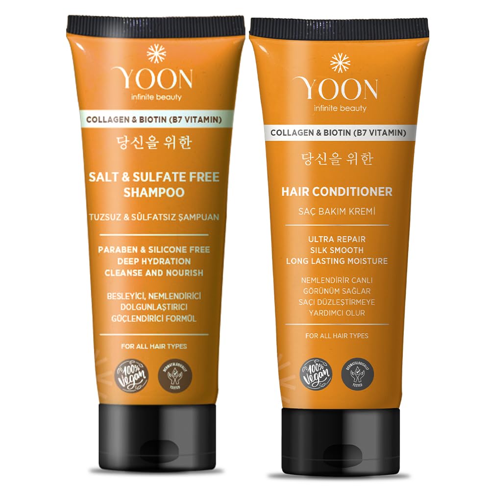 YOON 2'li Vegan Tuzsuz Şampuan 250ml & Saç Kremi 200ml Sülfatsız, Kolajen ve Biotinli Yumuşak, Canlı ve Güçlü Saçlar 2'li Besleyici Set
