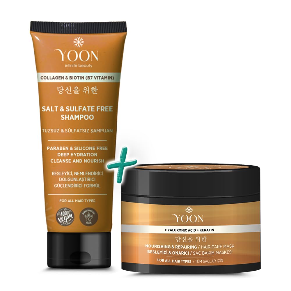 YOON 2'li Vegan Tuzsuz Şampuan & Saç Bakım Maskesi 250ml, Hyaluronik Asit, Keratin, Kolajen ve Biotin İçerikli Besleyici, Onarıcı 2'li Saç Bakım Seti