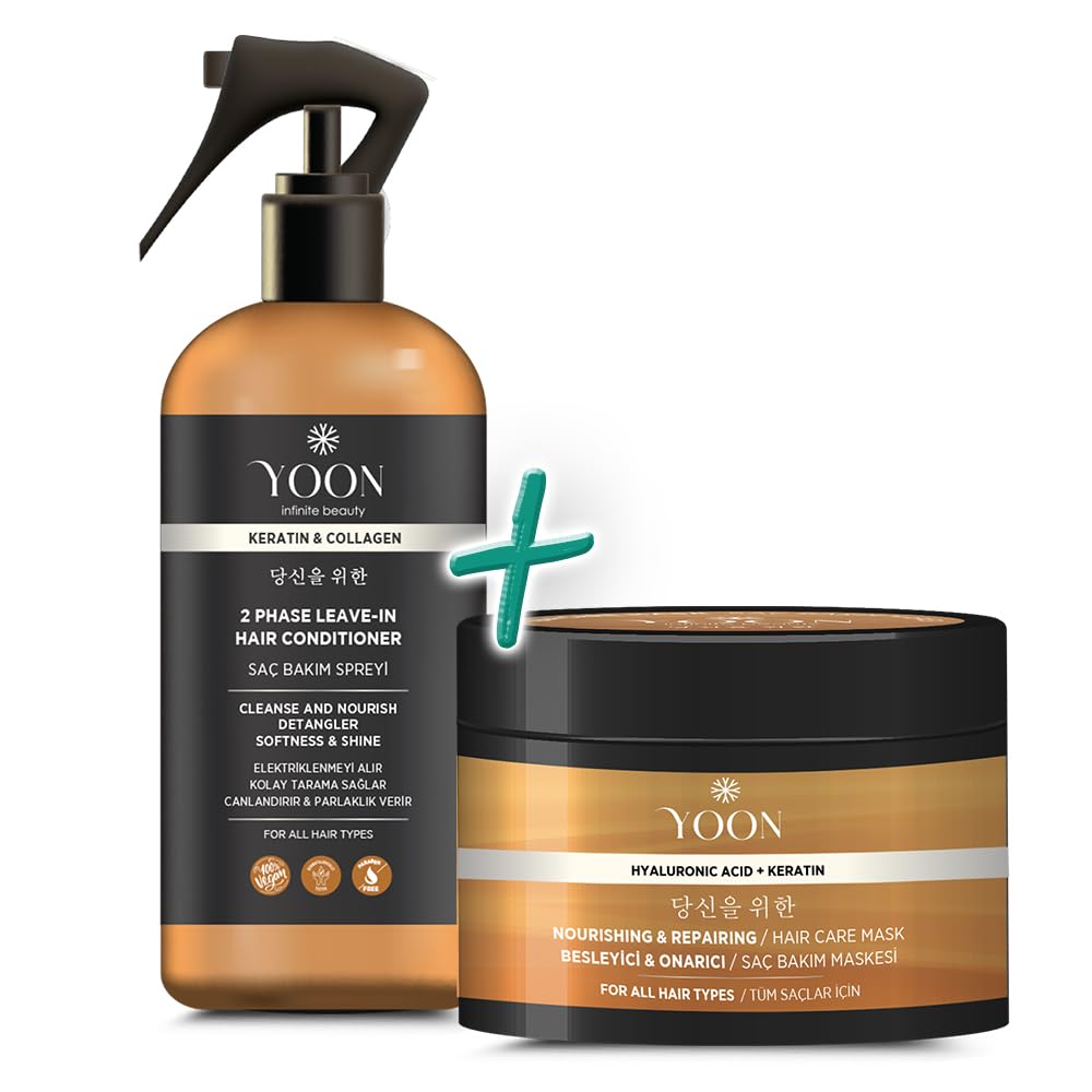 YOON 2'li Vegan Saç Spreyi & Saç Bakım Maskesi 250ml, Hyaluronik Asit, Keratin, Kolajen ve B7 Biotinli İçerikli Kolay Tarama ve Besleyici 2'li Saç Bakım Seti