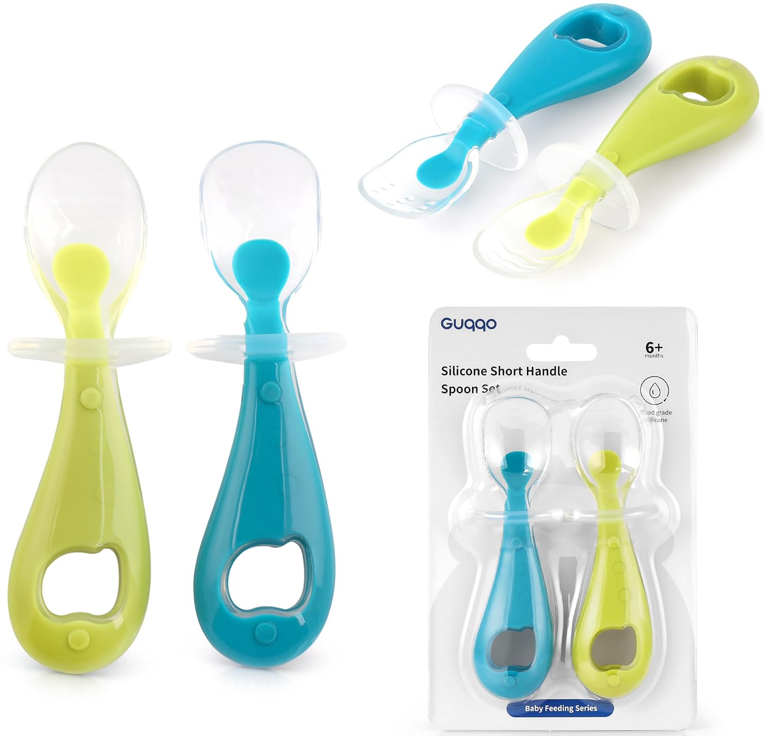 Guqqo Silikon Bebek Mama Kaşık Seti, Diş Kaşıyıcı, 2 Li Set, Mavi Yeşil