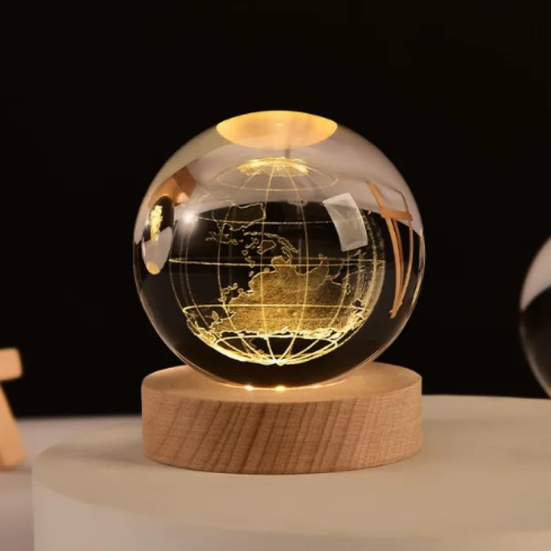 Senon Kristal Cam Küre LED Işıklı Usb Kablolu Ahşap Stantlı Gece Lambası Dekoratif Hediyelik (Dünya)
