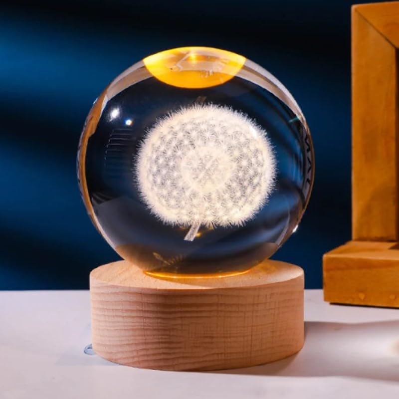 Senon Kristal Cam Küre LED Işıklı Usb Kablolu Ahşap Stantlı Gece Lambası Dekoratif Hediyelik (Karahindiba)