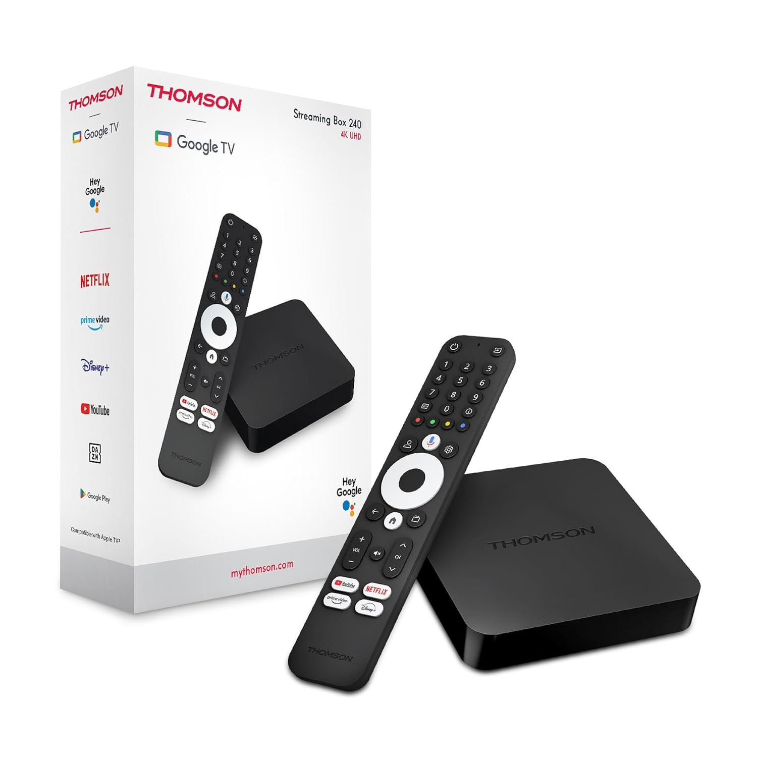 Thomson Streaming Box 240G, 4K UHD, Google Ses Kontrolü, WiFi, (Netflix, Prime Video, YouTube, Disney+, Spotify), Dahili Chromecast