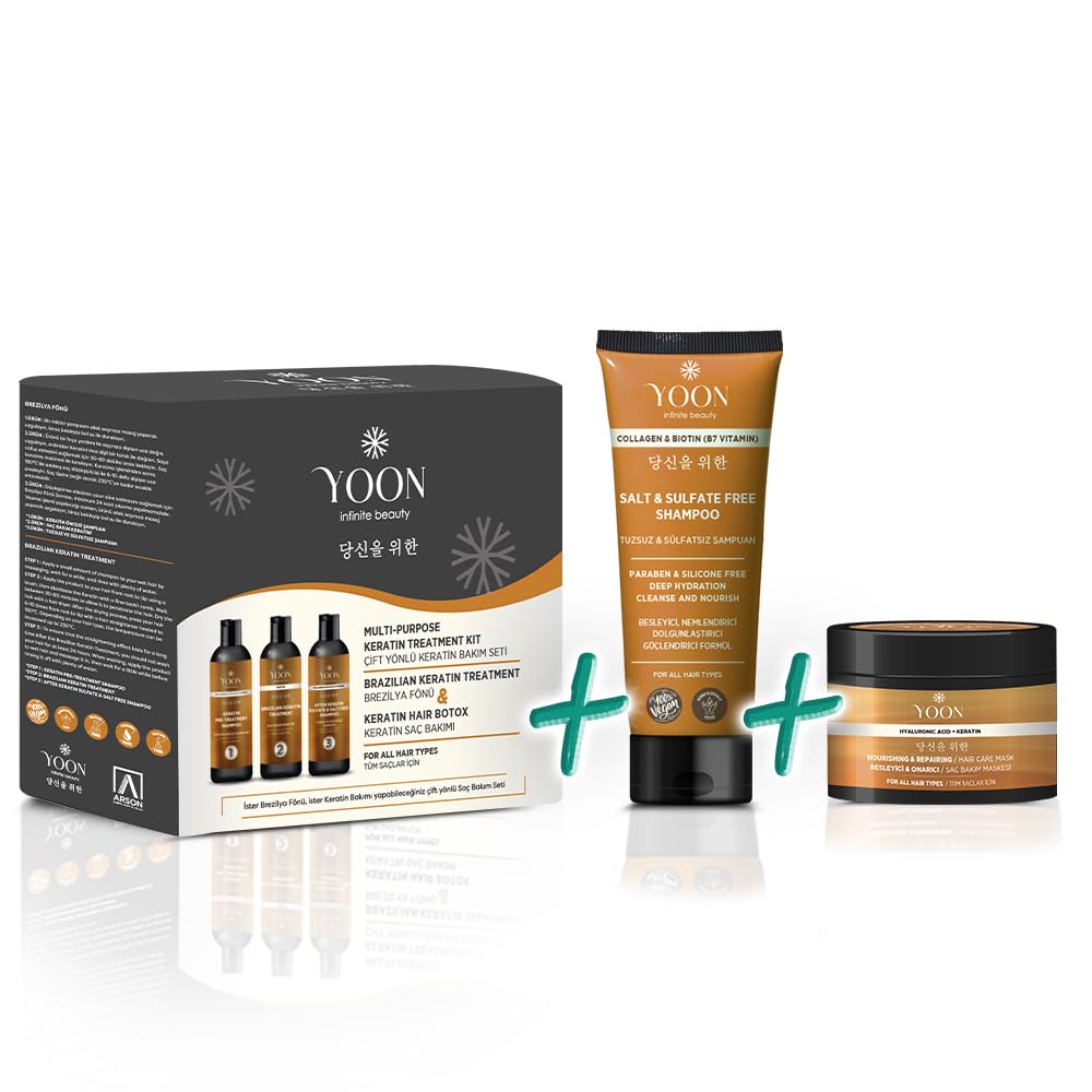 YOON 3'lü Premium Uzun Süren Saç Düzleştirici & Saç Botoksu Kiti, Sülfatsız Tuzsuz Şampuan 250ml, Keratin ve Hyalüronik Asit İçeren Saç Maskesi 250ml, Saç Bakım Seti