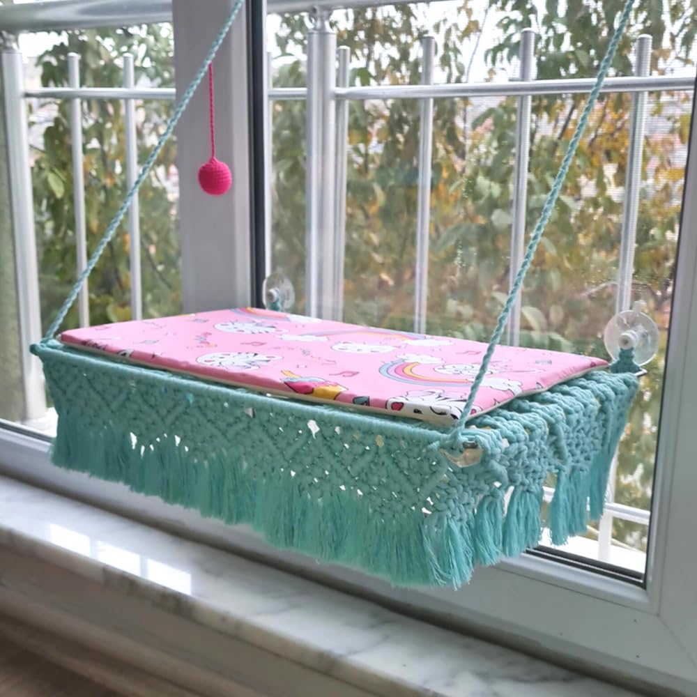 Makrome Vantuzlu Hamak Cam Kedi Yatağı, Pamuklu Mat Ve Örgü Toplu (Mint Yeşili)