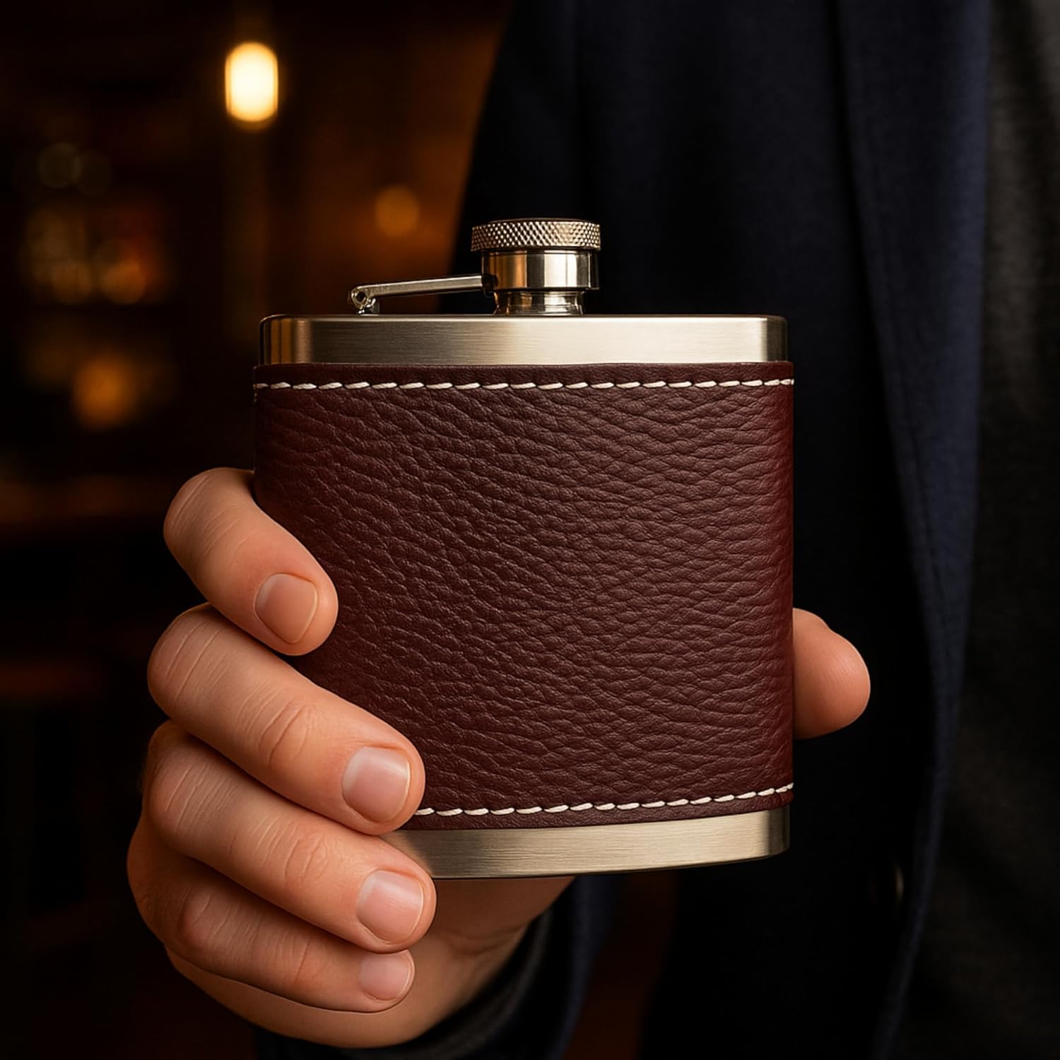 Perlotus 5 Oz-150 cc Hunili Kahve Brown Deri Kılıf Çelik Viski İçki Konyak Matarası