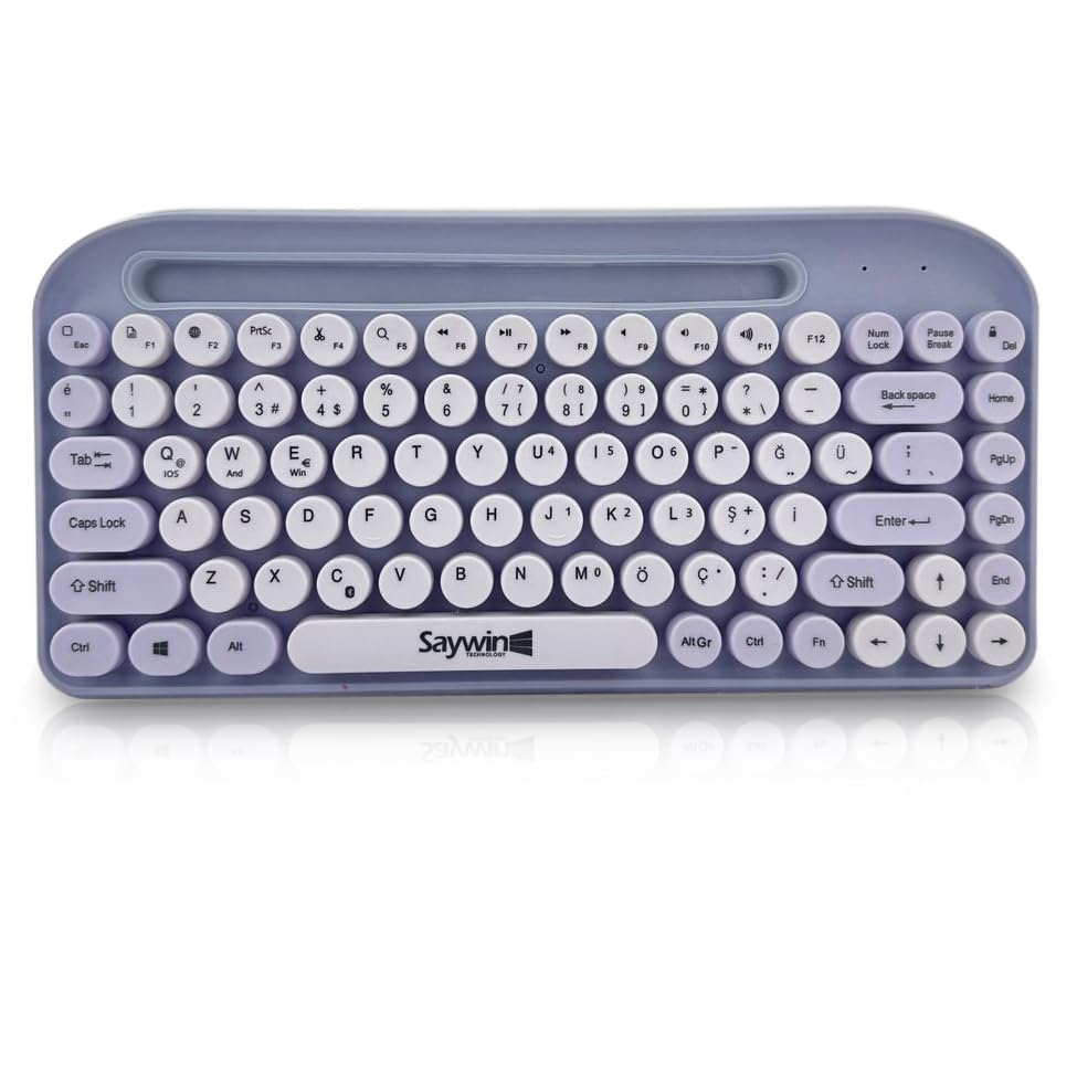 Saywin Bluetooth Klavye Renkli Retro Kablosuz Klavye Daktilo Görünümlü Tuş Tasarımı Şık ve Kullanışlı Telefon Koyma Gözü Pilli Türkçe Q Klavye SW-05 (Mor)