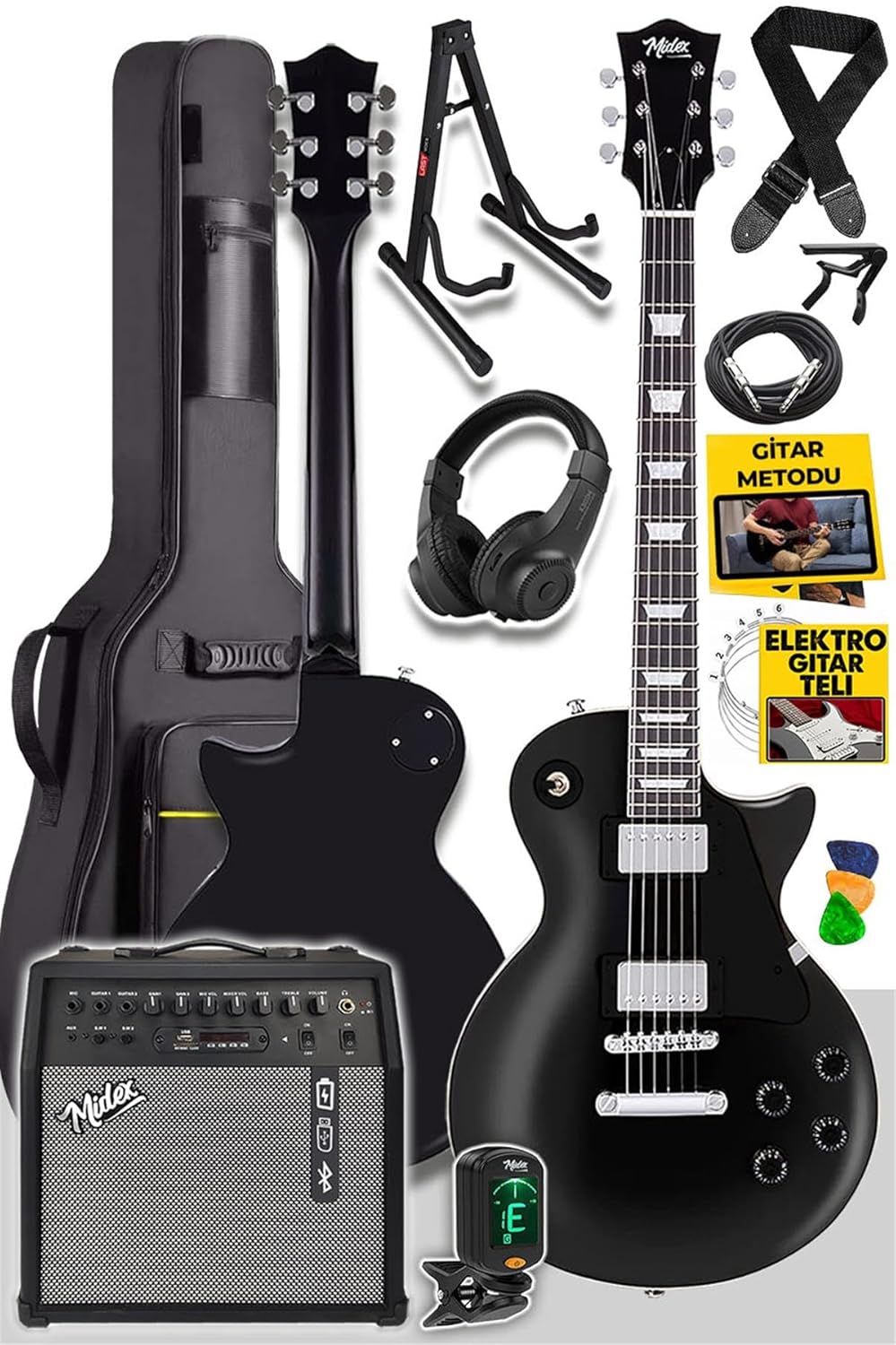 Midex GRX-200BK-50-AMP Les Paul Kasa Elektro Gitar Seti 50 Watt Gainli Şarjlı Amfi ve Full Set (H-H)