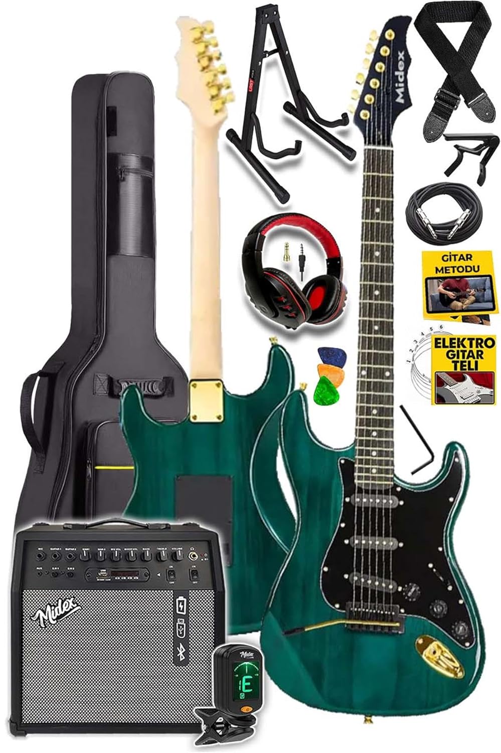 Midex GLC-40GR-50AMP Elektro Gitar Seti 50 WATT Şarjlı BT Amfi Kulaklık ve Full SET