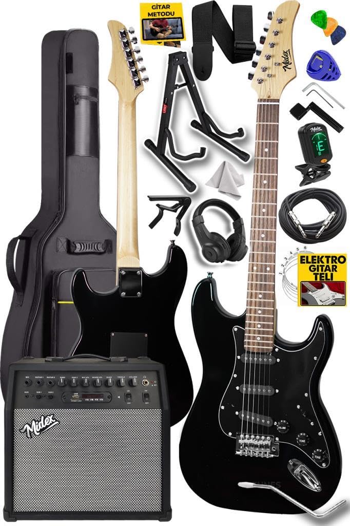 Midex RPH-30BK-50AMP Black Elektro Gitar Seti 50 WATT Bluetooth Şarjlı Amfi Kulaklık Full SET