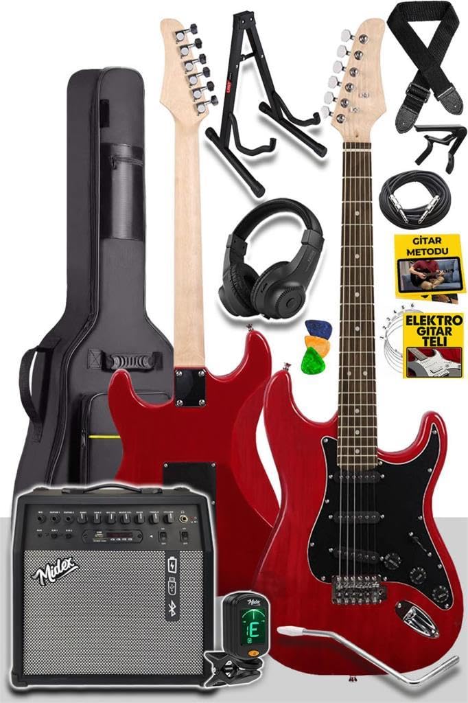 Midex RPH30RD-50AMP Red Elektro Gitar Seti 50 WATT Bluetooth Şarjlı Amfi Kulaklık Full SET