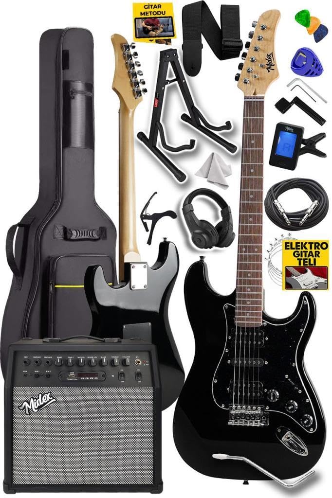 Midex RPH-40BK-50AMP Full Black 50W Şarjlı BT Amfili Elektro Gitar Seti HSH Manyetik Maple Klavye