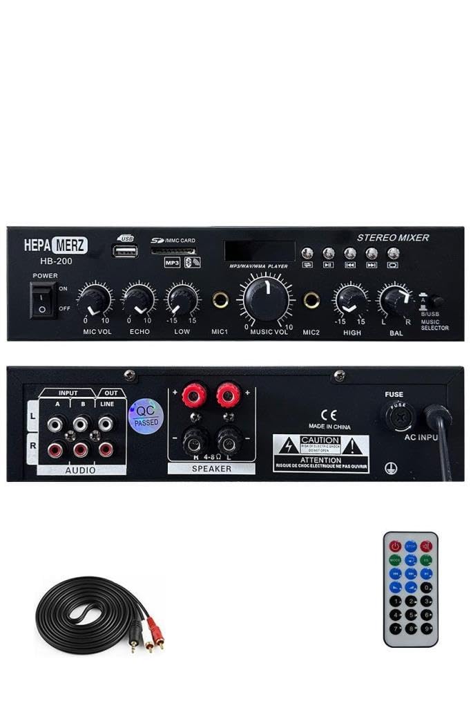 Hepa Merz HB-200 Stereo Mixer Amfi 4-8 Ohm 2 Çıkışlı 2x100W Anfi Bluetooth Usb