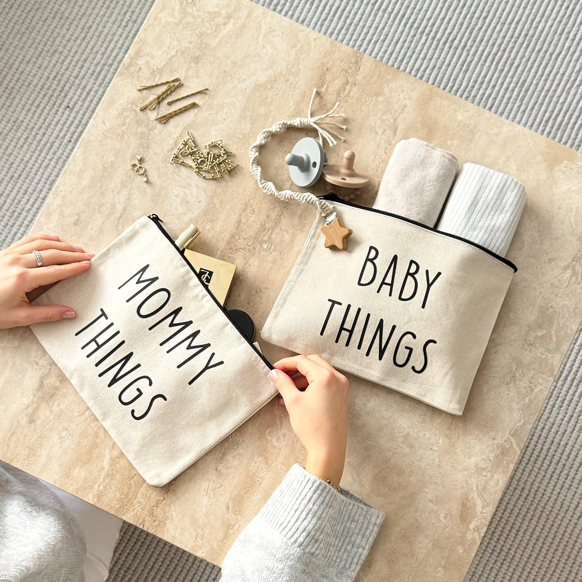 FUFİZU Anne Bebek Kanvas Çanta Seti - Clutch Seyahat Bakım ve Makyaj Çantası - 2'li Mommy Baby Set