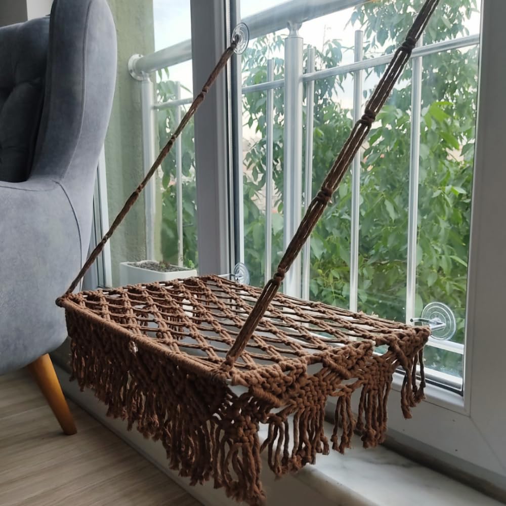 Makrome Vantuzlu Hamak Cam Kedi Yatağı (Taba)