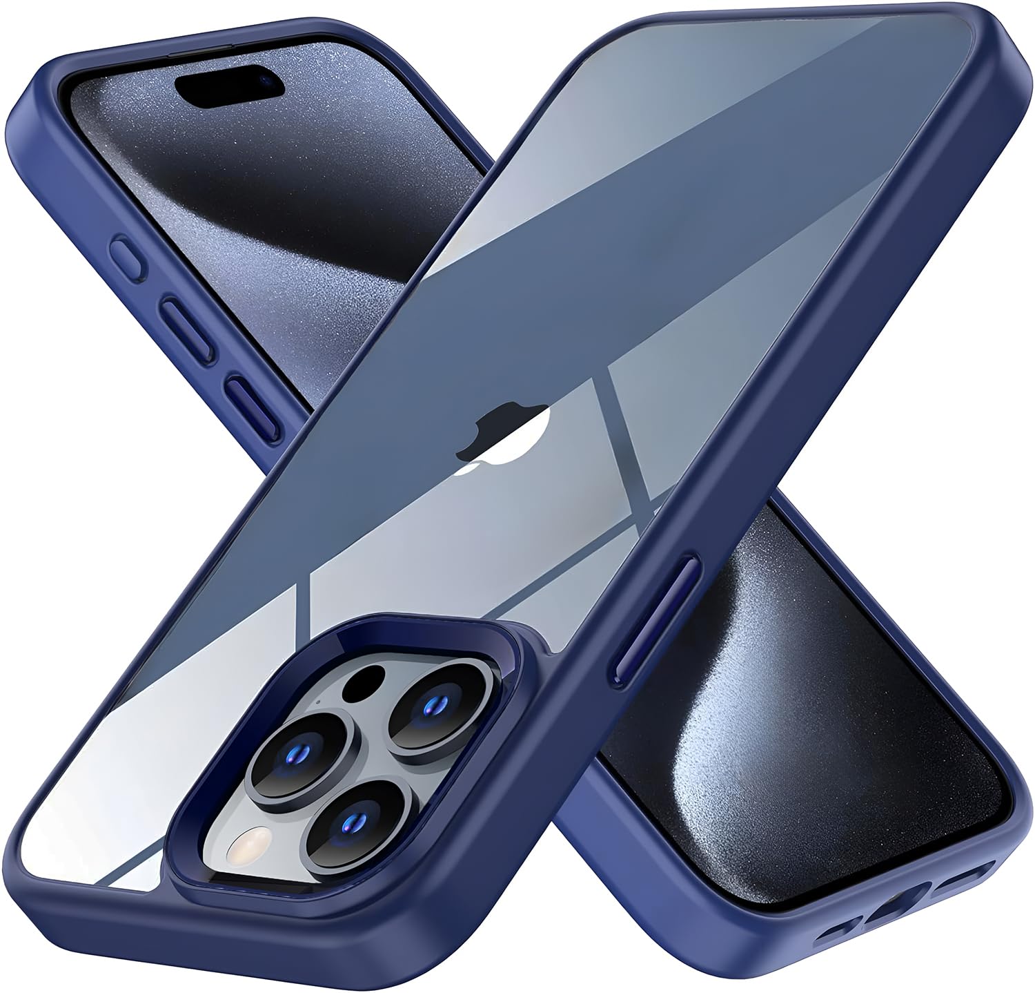 Minesk iPhone 15 Pro için Hybrid Serisi Arkası Kristal Şeffaf Polikarbonat Kenarları Silikon Kamera Lens Çerçevesi ve Tuşları Metal Yüksek Kalite Şeffaf Silikon Kılıf (Mavi, Klasik)