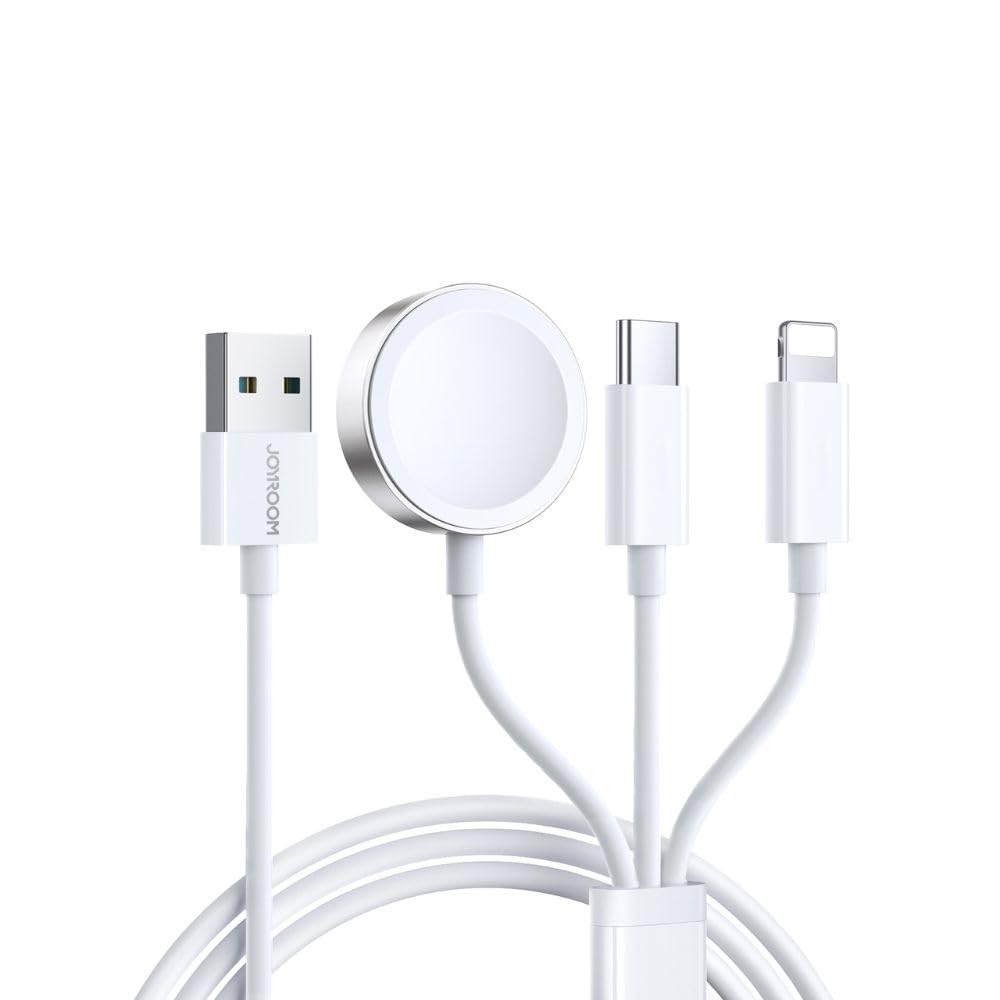 Joyroom S-IW008 3'ü 1 arada iWatch Manyetik Kablosuz Şarj Cihazı USB-A - 8 Pin, Type-C Hızlı Şarj Kablosu iPhone, Android, iPad için, 1,2 m, Beyaz