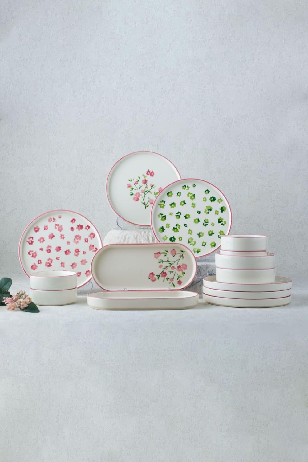 Kevin Seramik 14 Parça 6 Kişilik Berthe Çiçek Tasarımlı Stackable Kahvaltı Takımı& Kahvaltı Seti