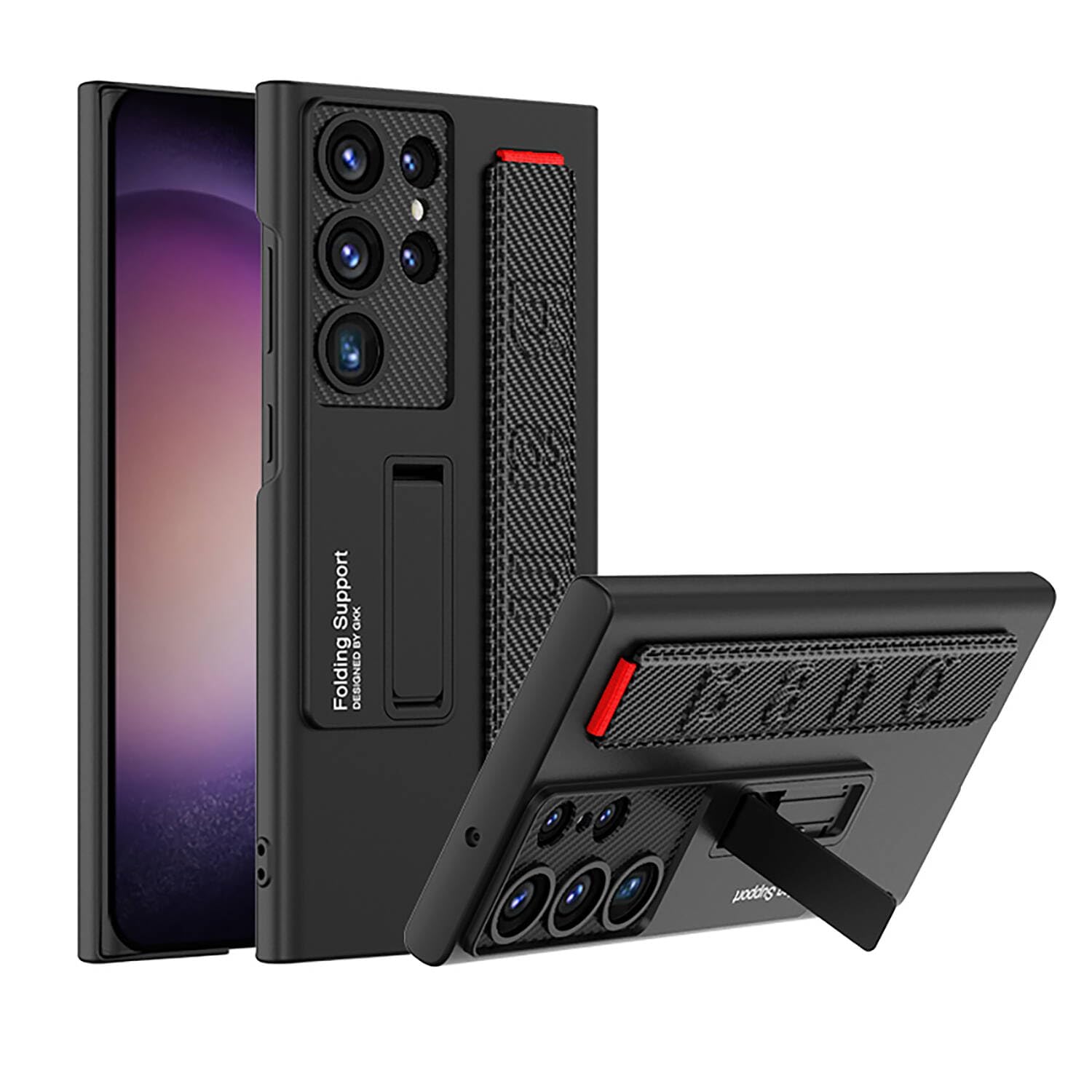 Senon Galaxy S24 Ultra Kılıf Standlı El Tutacaklı Zore Band Kapak (Siyah Karbon)