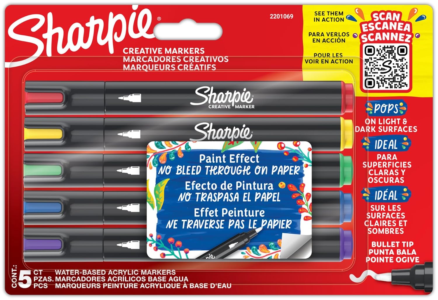 SHARPIE Creative Marker Akrilik Boya Kalemleri | Su Bazlı Boya Kalemi Fırça Uçlu | Mürekkep Kağıdı Geçirmez ve Çoğu Yüzey Üzerine Yazar | 5 Adet"