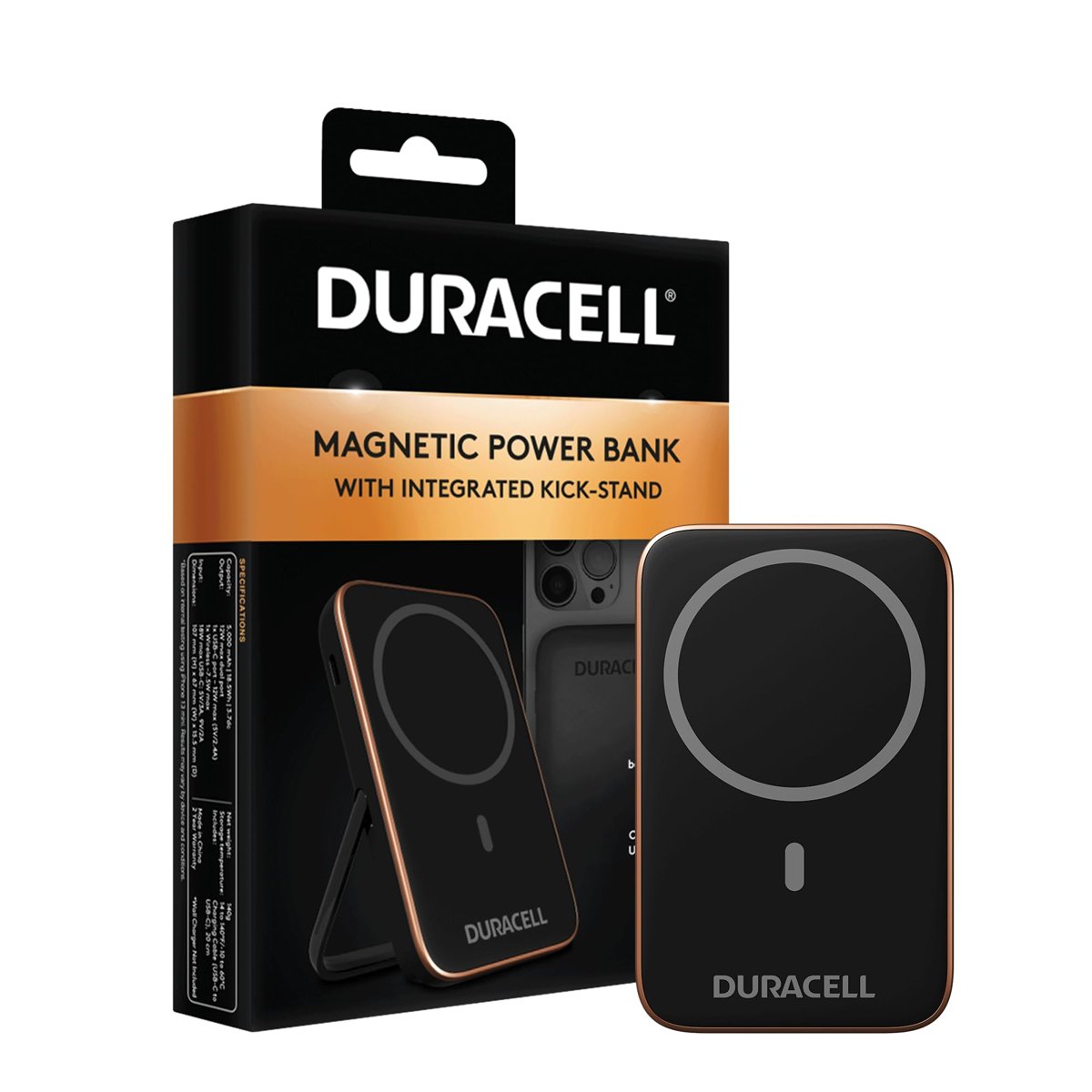 Duracell Manyetik Powerbank 5000 mAh – MagSafe uyumlu kablosuz şarj cihazı 7,5 W, 12 W USB-C hızlı şarj, iPhone 12 13 14 15 16 17 Pro Max, Samsung, AirPods için ayaklıklı ince harici pil