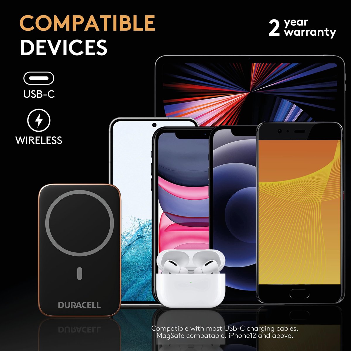 Duracell Manyetik Powerbank 5000 mAh – MagSafe uyumlu kablosuz şarj cihazı 7,5 W, 12 W USB-C hızlı şarj, iPhone 12 13 14 15 16 17 Pro Max, Samsung, AirPods için ayaklıklı ince harici pil