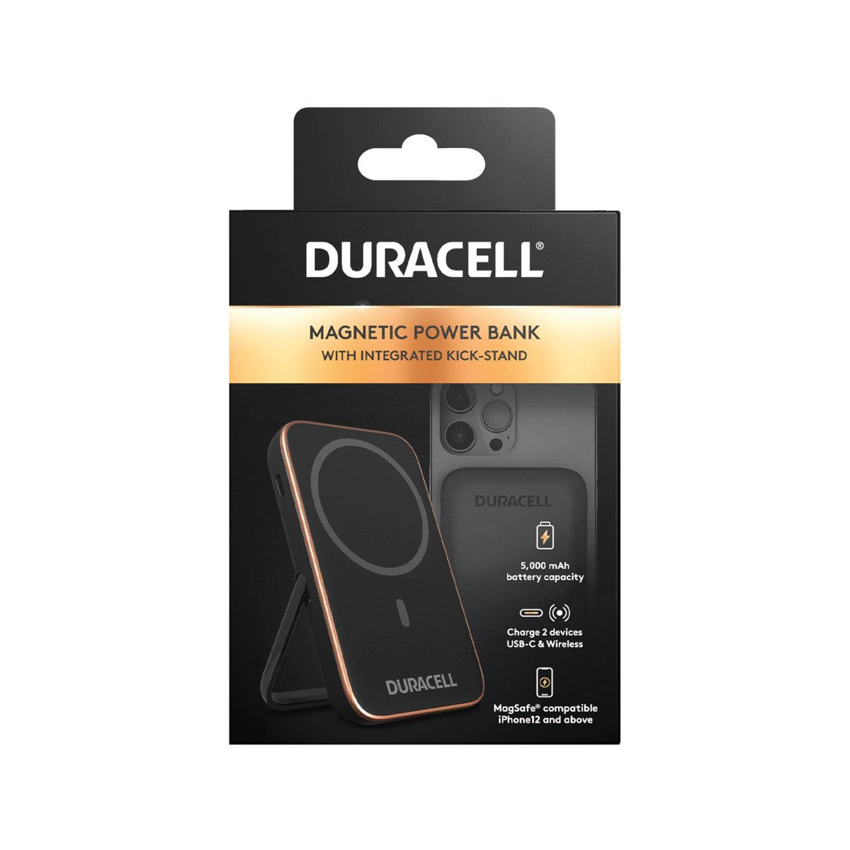 Duracell Manyetik Powerbank 5000 mAh – MagSafe uyumlu kablosuz şarj cihazı 7,5 W, 12 W USB-C hızlı şarj, iPhone 12 13 14 15 16 17 Pro Max, Samsung, AirPods için ayaklıklı ince harici pil