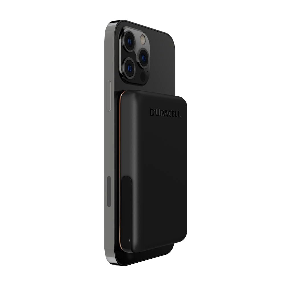 Duracell Manyetik Powerbank 5000 mAh – MagSafe uyumlu kablosuz şarj cihazı 7,5 W, 12 W USB-C hızlı şarj, iPhone 12 13 14 15 16 17 Pro Max, Samsung, AirPods için ayaklıklı ince harici pil