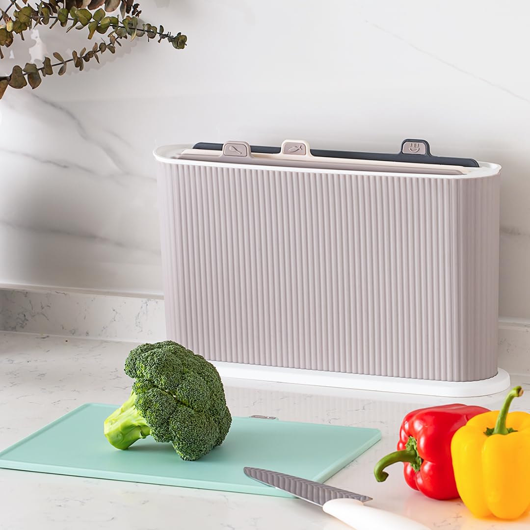 Porsima 1073 Standlı Çoklu Kesme Tahtası Seti - Et Sebze Balık Doğrama Tahtası Seti Capuccino Beyaz