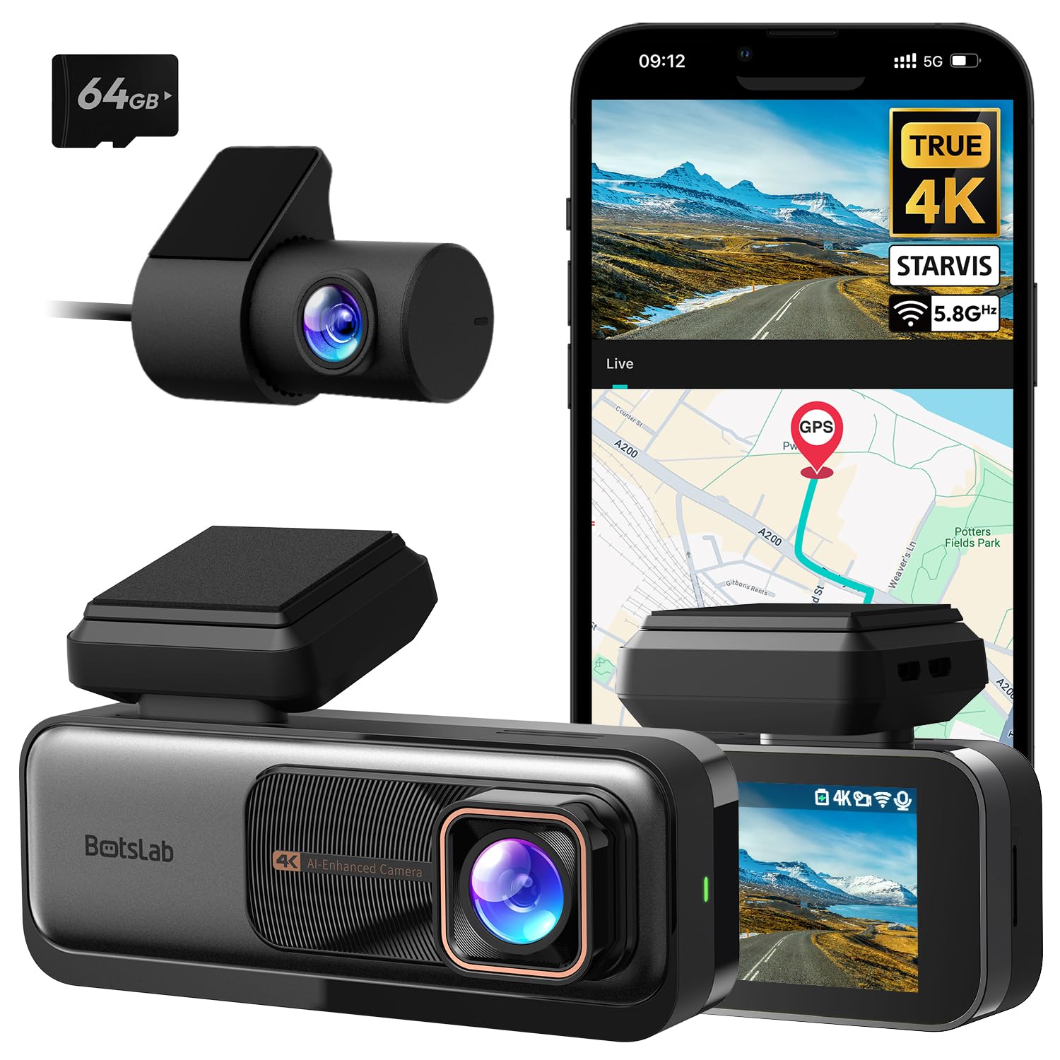 BOTSLAB 4K Dash Cam Ön ve Arka, 4K Araç Çizgi Kamerası Ön ve 2K Arka Kamera, Gece Görüşü, STARVIS Sensörü, ADAS, 170° Geniş Açı, Dahili GPS ve WiFi, 24/7 Park Modu, 64 GB SD Kart Dahil