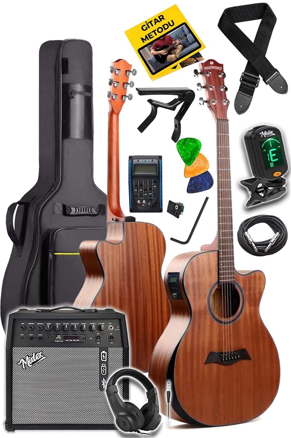Maxword M450-EQ-50AMP Masif Ağaç 50W Amfili Elektro Akustik Gitar Seti üst Segment