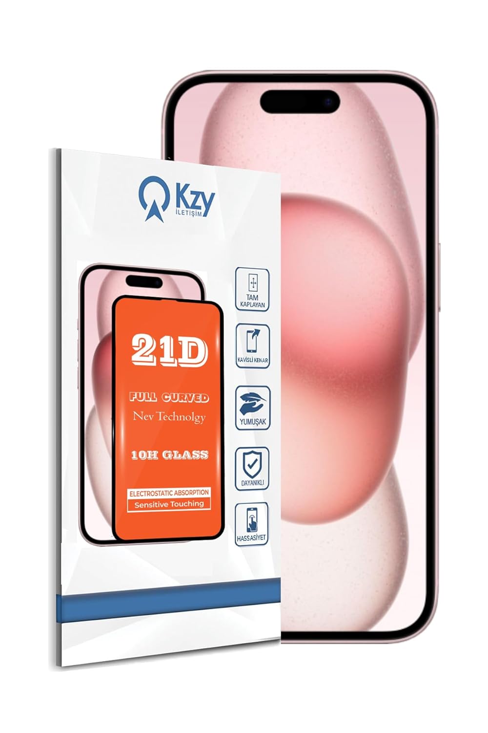 KZY İLETİŞİM Apple iPhone 15 ile Uyumlu Tam Kaplayan 21D Temperli Ekran Koruyucu Cam