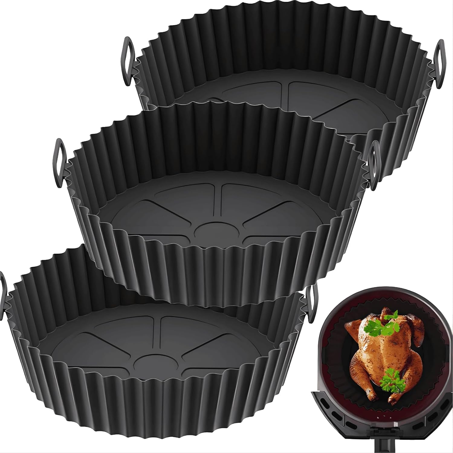 SUBEEN 3 adet sıcak hava fritözü silikon kalıp sıcak hava fritözü Liner silikon kalıp tekrar kullanılabilir ve sıcak hava fritözü, mikrodalga fırın ve fırın için uygundur (siyah)