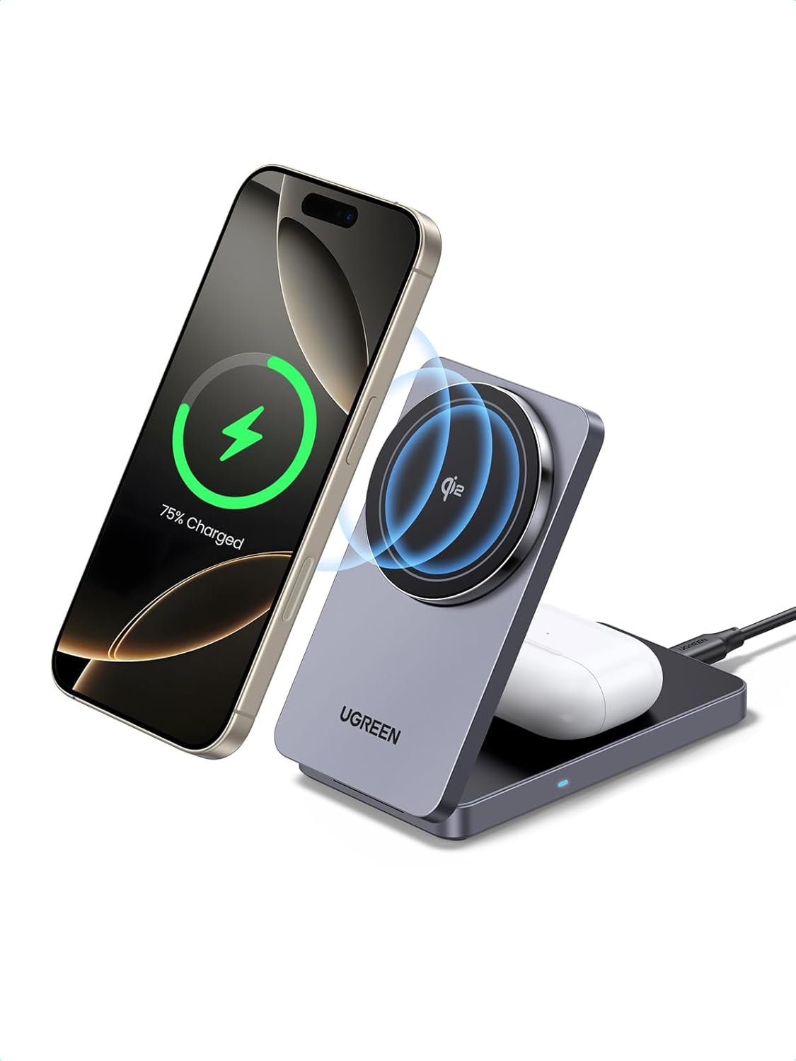 UGREEN MagFlow Qi2 sertifikalı 15W iPhone şarj istasyonu, MagSafe ile uyumlu 2'si 1 arada manyetik şarj istasyonu, iPhone 16,16 Pro,16 Pro Max,15,14,13,AirPods için katlanabilir kablosuz şarj cihazı
