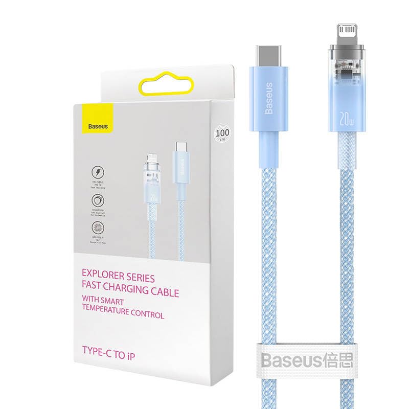 Baseus Explorer Serisi Hızlı Şarj Kablosu Akıllı Sıcaklık Kontrolü Type-C to iP 20W, 1m, Mavi