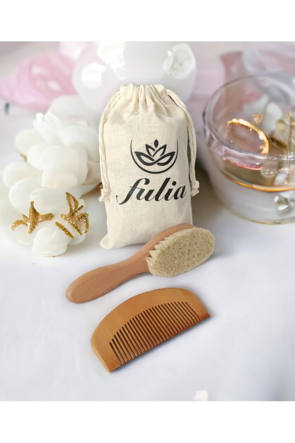 Fulia Elegance Doğal Keçi Kılı Bebek Saç Fırçası Ve Doğal Ahşap Tarak 2'li Set - Midi Boy