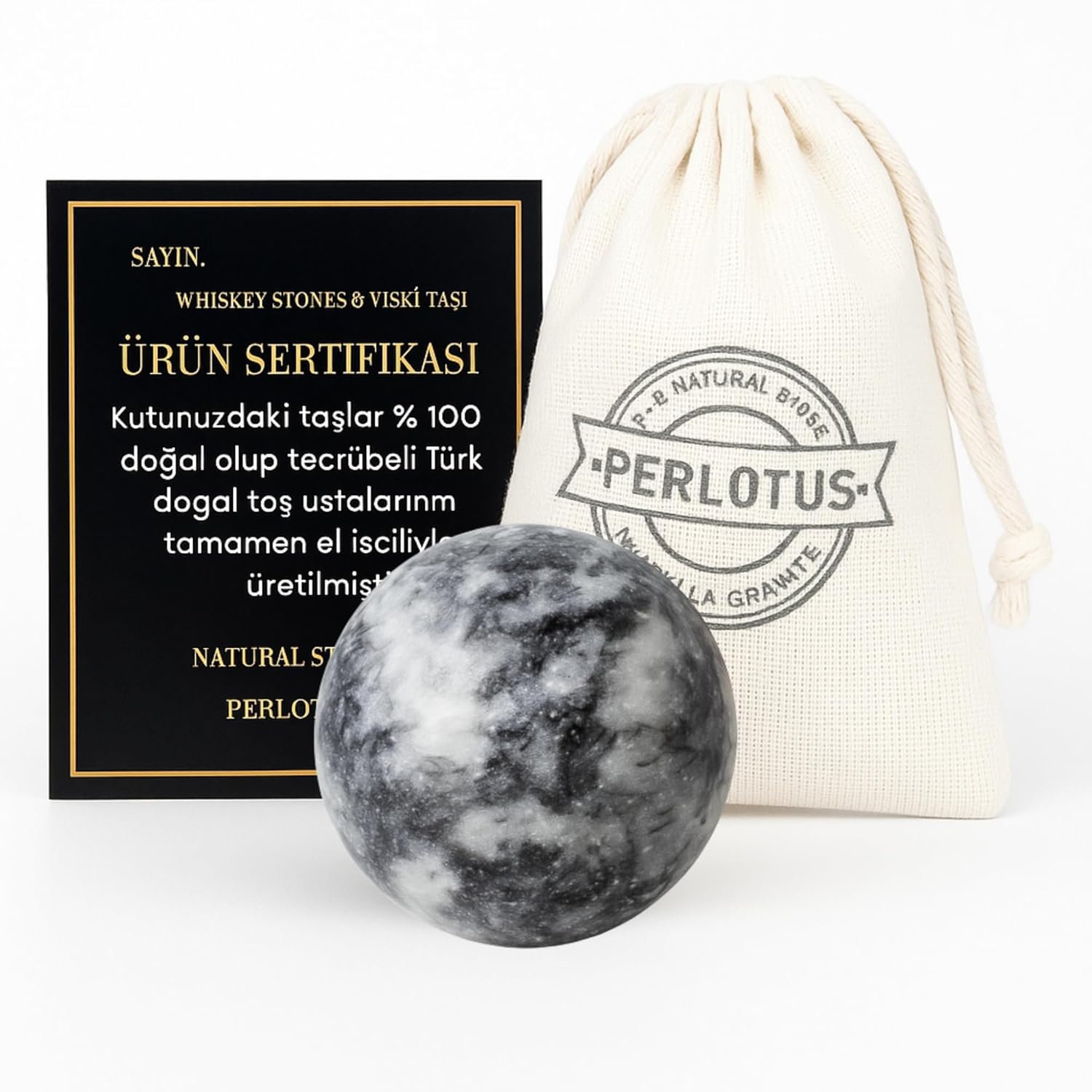 Perlotus Neptün Yuvarlak Granit Mermer Viski Taşı 1 Adet Kesesinde Hediye Paketinde