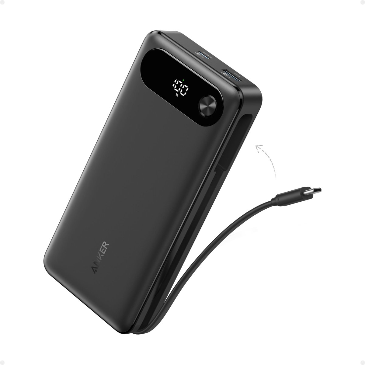 Anker 20.000 mAh Powerbank, Taşınabilir Şarj Cihazı, Dahili USB-C Kablosu, 87W, 1 USB-C ve 1 USB-A Bağlantı Noktası, Siyah - A1383
