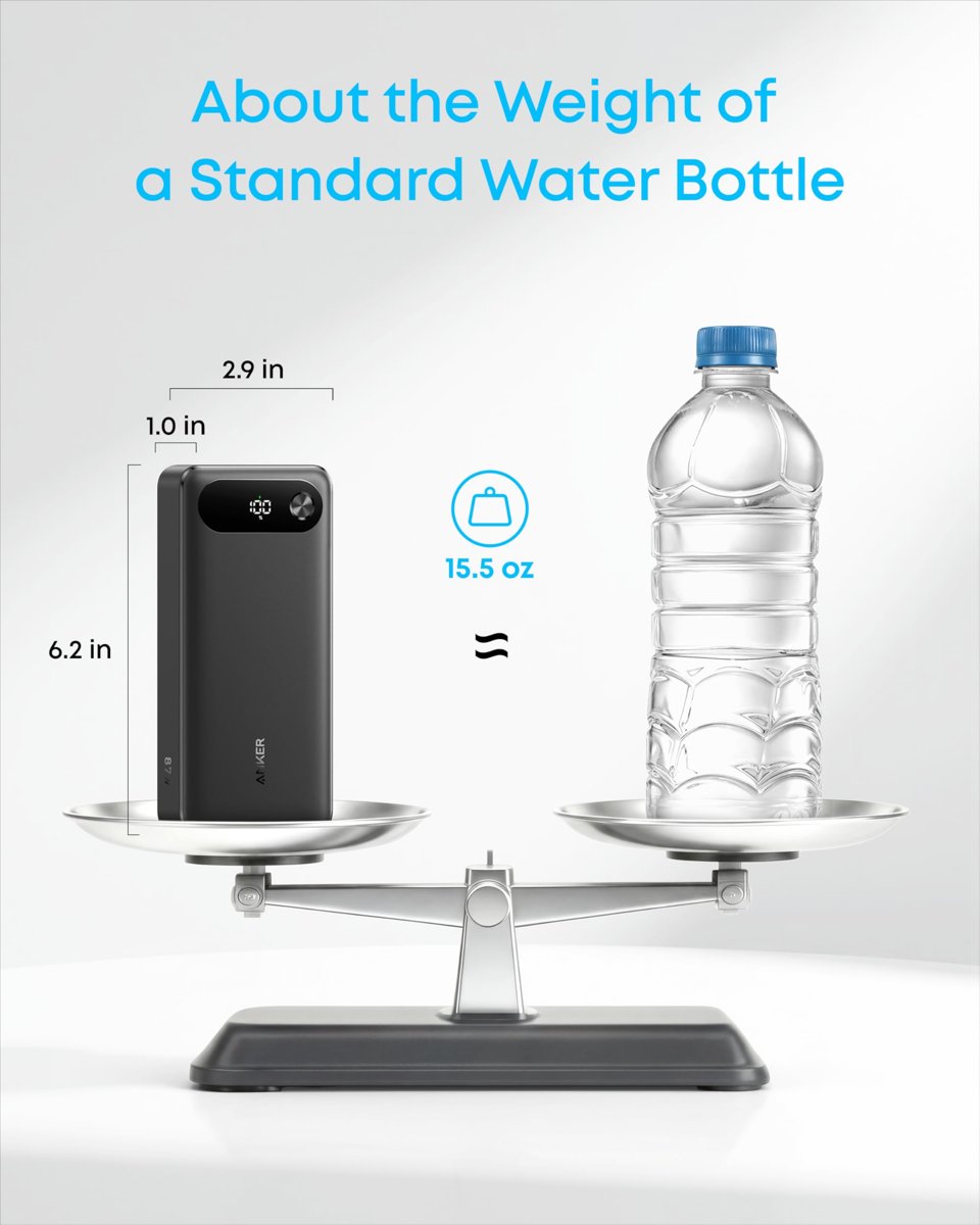 Anker 20.000 mAh Powerbank, Taşınabilir Şarj Cihazı, Dahili USB-C Kablosu, 87W, 1 USB-C ve 1 USB-A Bağlantı Noktası, Siyah - A1383