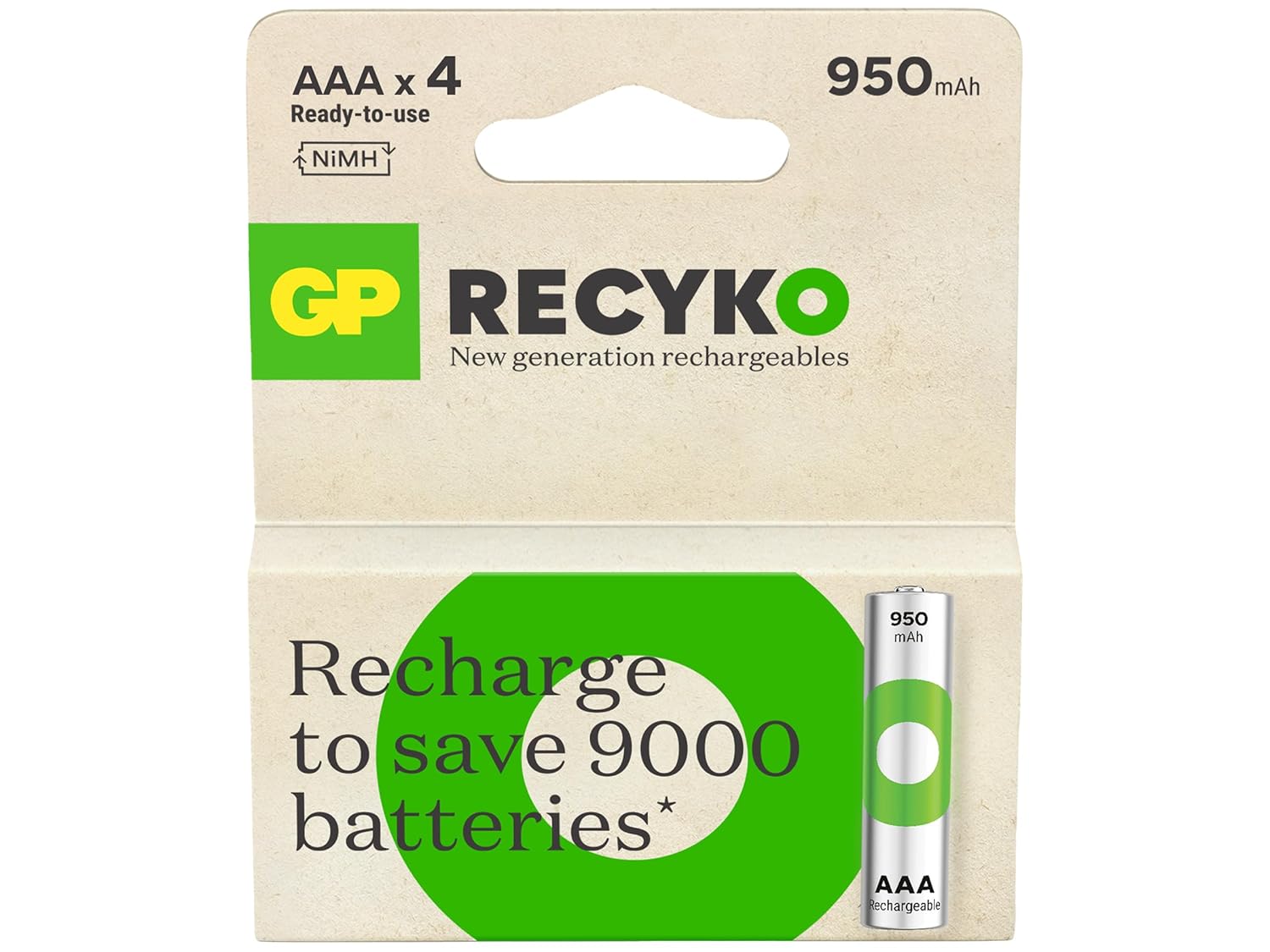 GP Batteries Recyko 950 AAA İnce Kalem Ni-Mh Şarjlı Pil, 1.2 Volt, 4'lü Kart