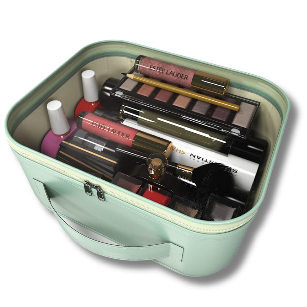 Figiza Makyaj Çantası Kozmetik Düzenleyici Seyahat Tipi Deri Görünümlü Şeffaf Organizer (24 * 18 * 11 cm) (yeşil)