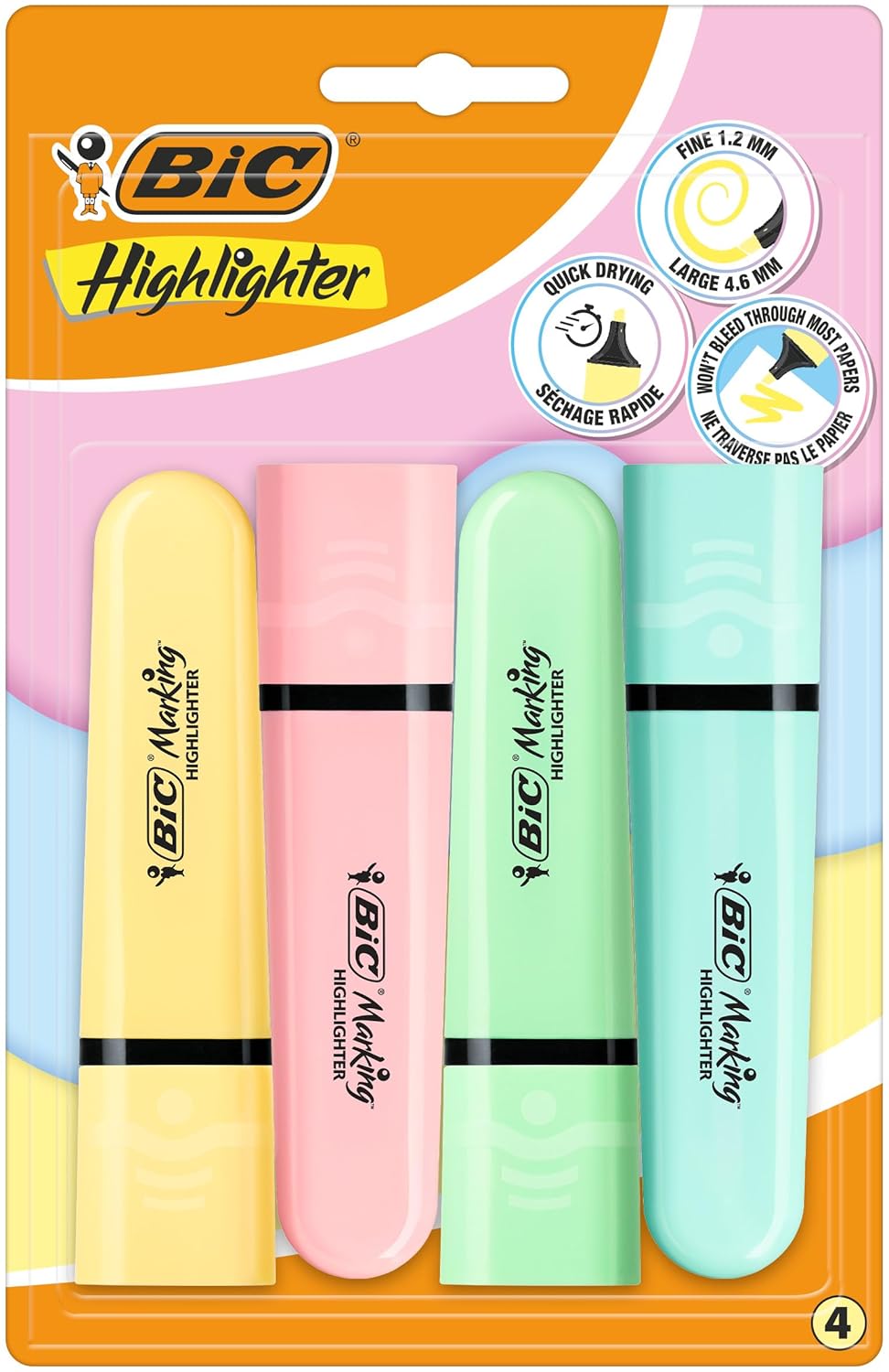 BIC Marking Flat Higlighter Pastel Fosforlu Kalem 4'lü Blister, 4 Pastel Renk (Sarı, Mavi, Pembe, Yeşil), Su Bazlı, Hızlı Kuruyan Mürekkep