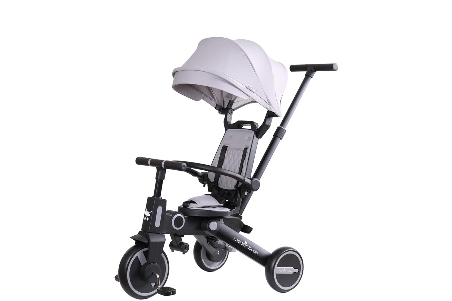 Merkür Bebe Falky Çift Yönlü, Katlanır Üç Tekerlekli Bebek ve Çocuk Bisikleti Gri, kabin boy, 7'si 1 arada, hafif