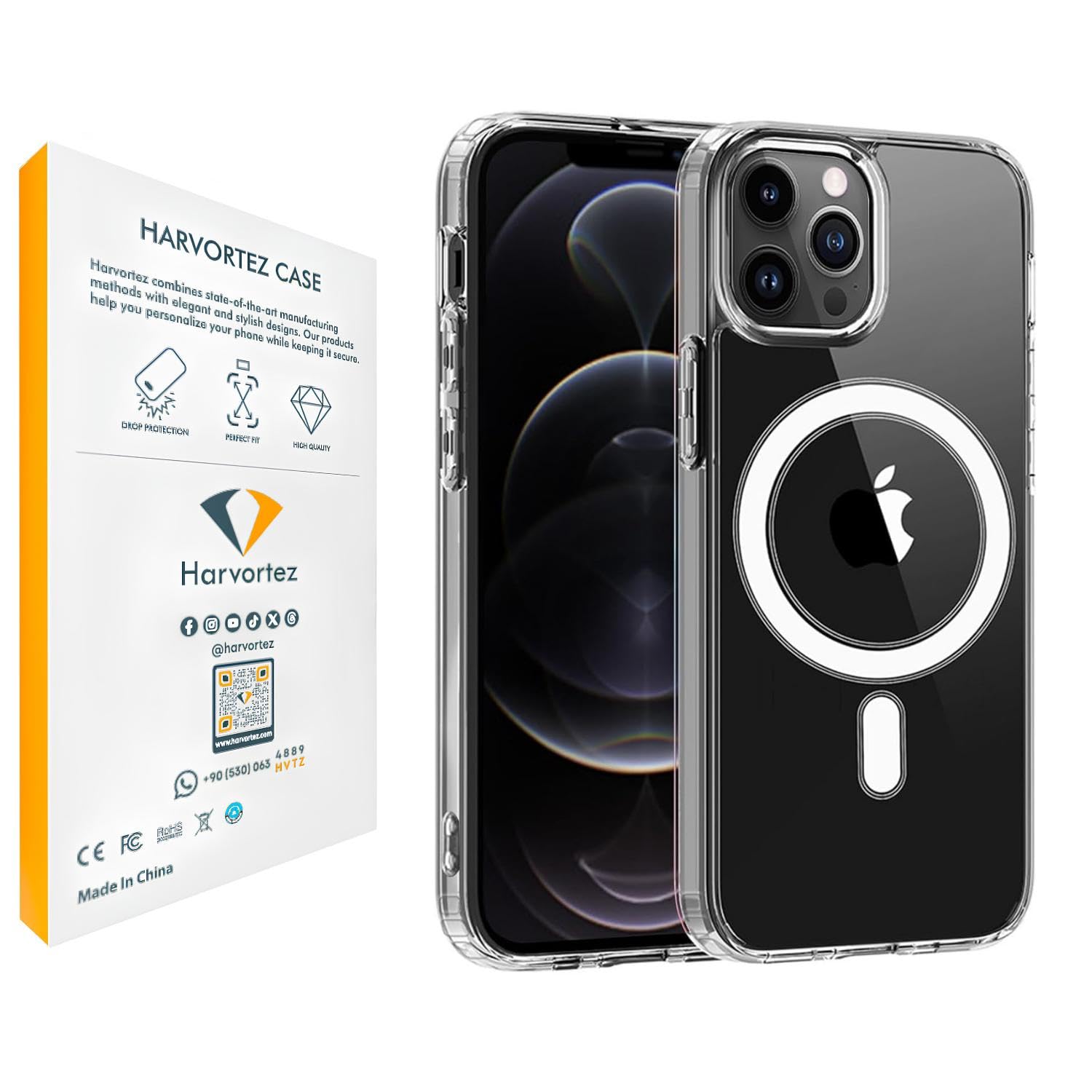 HARVORTEZ iPhone 12/12 Pro MagSafe Uyumlu Güçlü Manyetik Kılıf, PC Çevre Dostu Malzeme, Logo Görünür Kapak, TamUyumlu, Köşe Darbe Emicili Zarif Case (Şeffaf)
