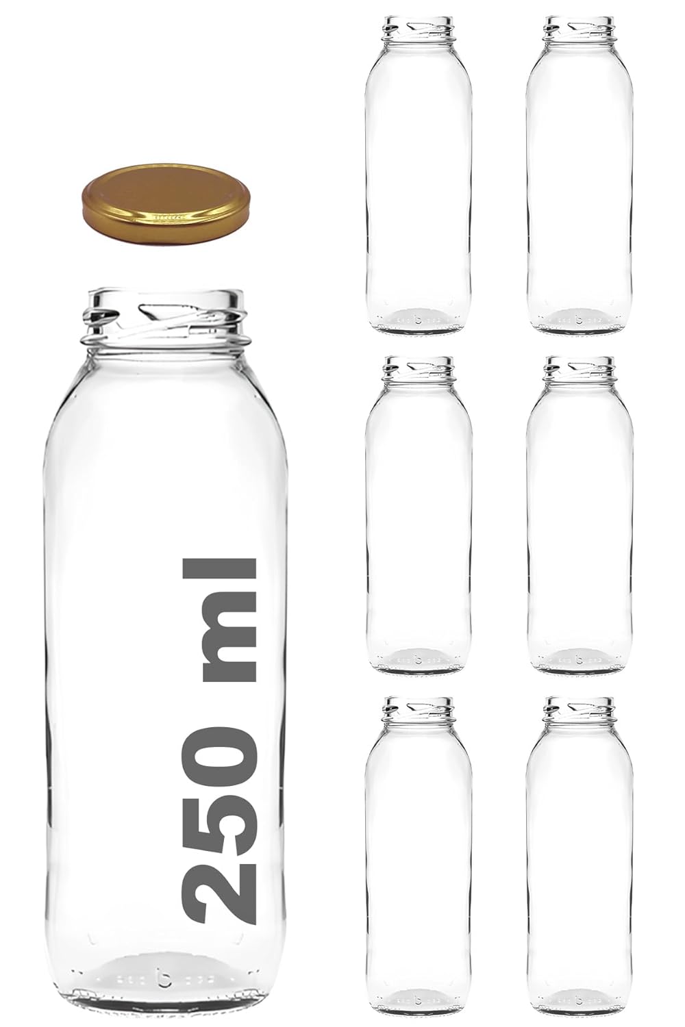 Afracam 250 ml Metal Kapaklı Meyve Suyu, Meşrubat, Limonata Şişesi 250 cc Cam Şişe 6 Adet (Altın/Gold)