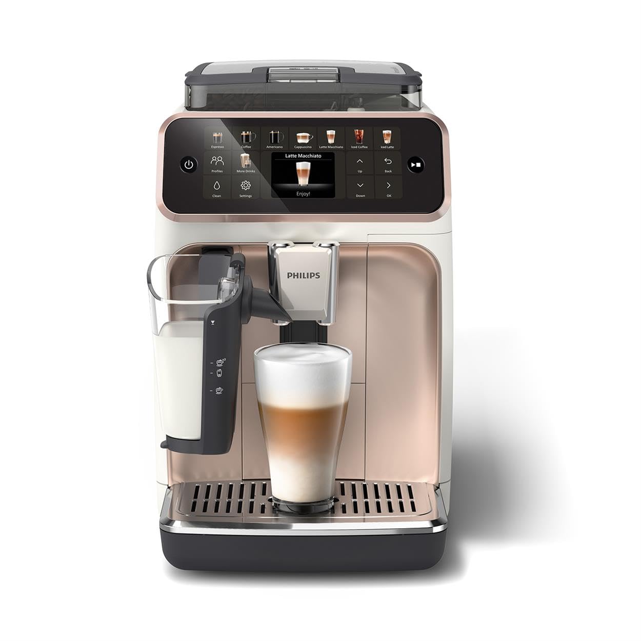 Philips 5500 Serisi LatteGo Tam Otomatik Espresso Makinesi 20 Sıcak ve Soğuk İçecek, Renkli Dokunmatik Ekran, Beyaz Roze Renk, QuickStart, SilentBrew Teknolojisi (EP5543/80)