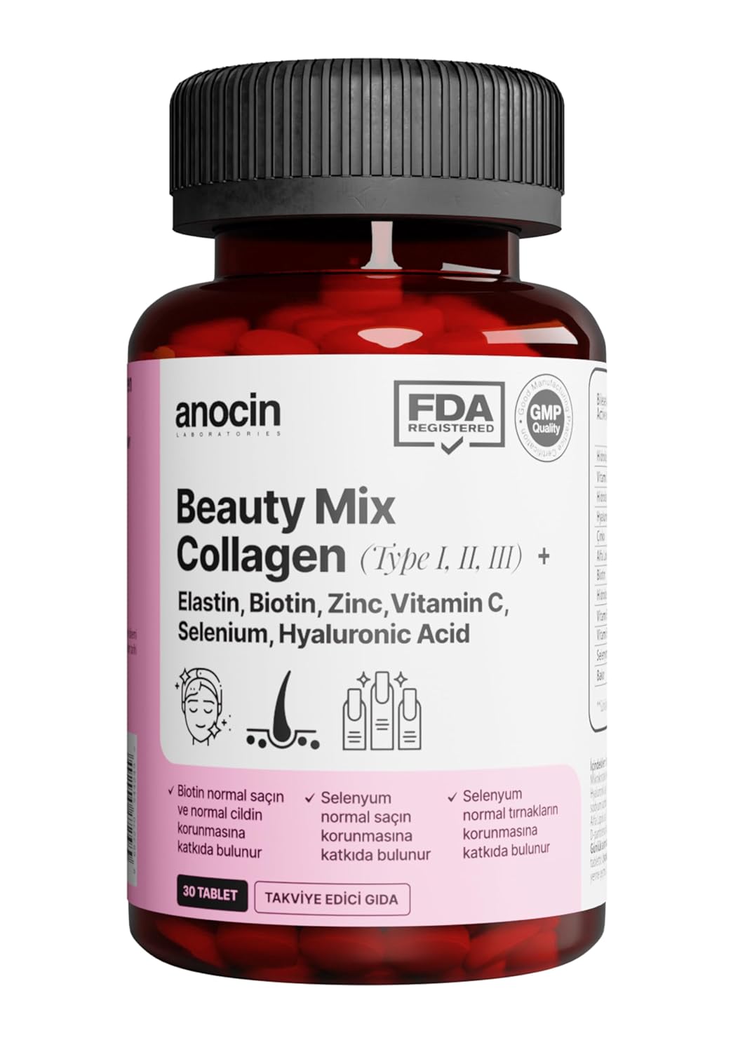 anocin BEAUTY MİX COLLAGEN TİP I,II,III +ELASTİN,BİOTİN,ZİNC, VİTAMİN C, SELENYUM, HYALURONİC ACİD, KOLAJEN