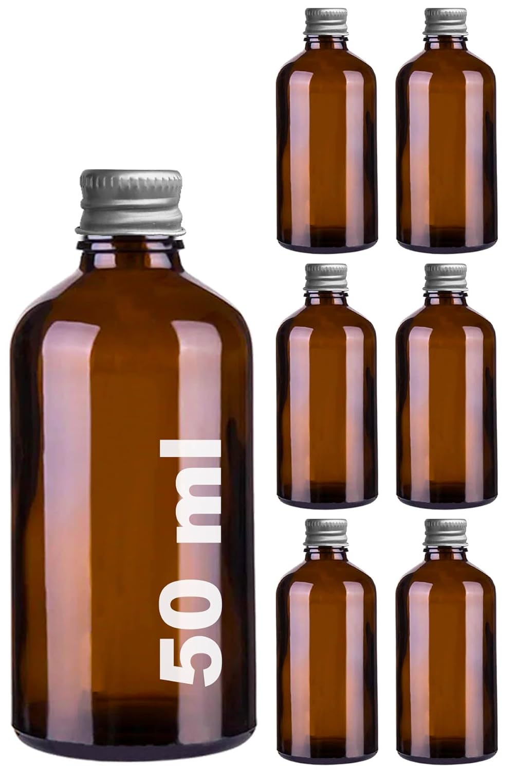 Afracam 50 cc Gümüş Metal Kapaklı Hediyelik Shot Şişesi 50 ml Kolonya Koku Süs Küçük Amber Cam Şişe 6 Adet